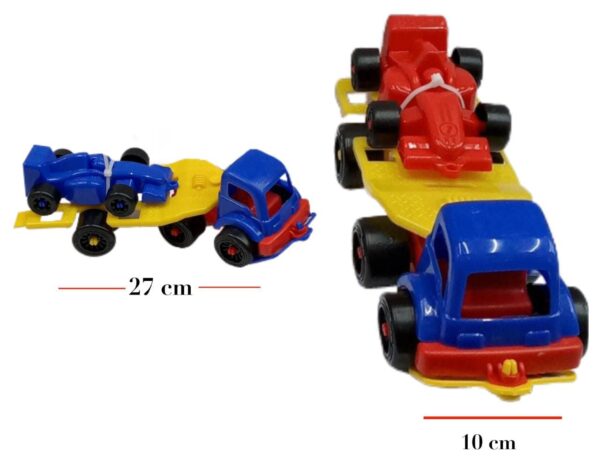 CAMION CON TRAILER + AUTO DE CARRERA F1 DURAVIT  27cm x 10cm       7839