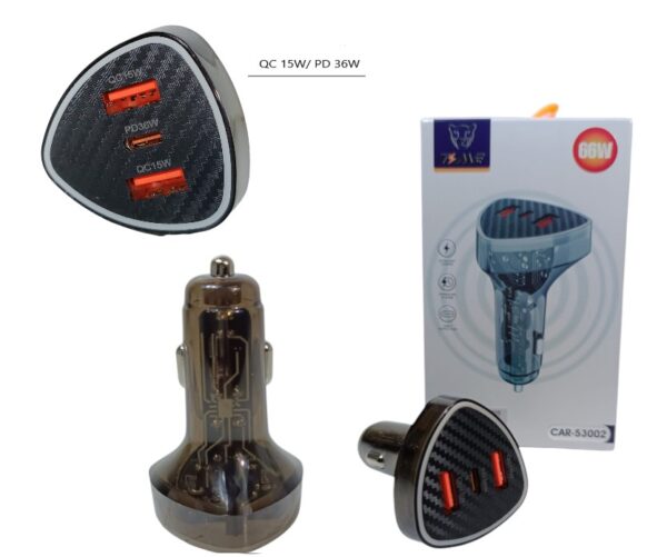 CARGADOR DE AUTO TRANSPARENTE CARGA RAPIDA PD 66W          CAR-53002