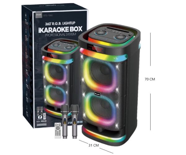 PARLANTE 2X8 PLG C/ 2 MICROFONO LUZ RGB BT/FM/MP3         BTS-1990