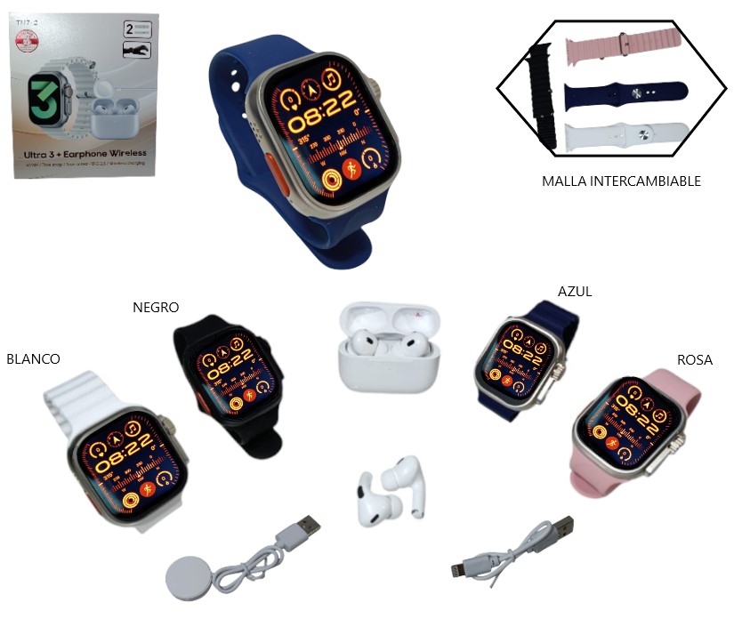 RELOJ SET SMARTWATCH Y AURICULAR C/ 2 MALLAS          TH7-2