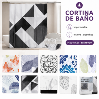Cortina de baño impermeable con diseños incluye 12 ganchos 200639