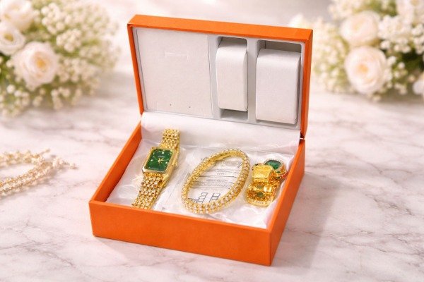 Juego reloj, pulsera y aros esmeralda con estuche SH-006